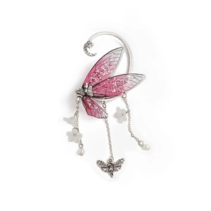 Elf wing ear cuff with pink gradient cicada wings, pearls, and moon pendant on white background