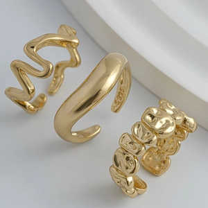 Minimalist gold S925 irregular lava ring set with adjustable open design and molten texture