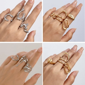 Minimalist Irregular Liquid Lava Open Rings For Women Metal Stackable Hollow Finger Rings Gold Silver Plated Jewelry