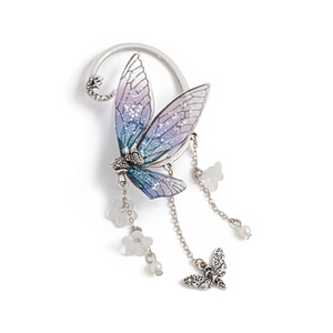 Detailed shot of fairy wing ear cuff with purple butterfly resin and silver floral chains