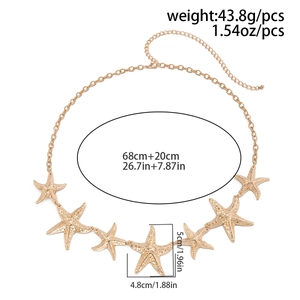 Detail of gold starfish body chain showing length 68+20cm and 43.8g weight specs