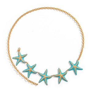 Detailed view of gold chain with five blue starfish pendants and adjustable lobster clasp