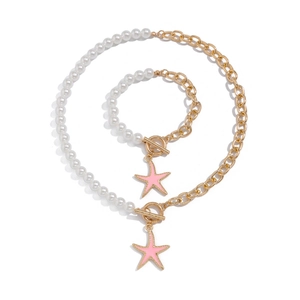 Set gioielli stile oceano con collana di perle, bracciale e ciondolo a stella marina rosa