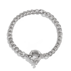 Detail of silver curb chain necklace featuring a large round mariner spring clasp closure