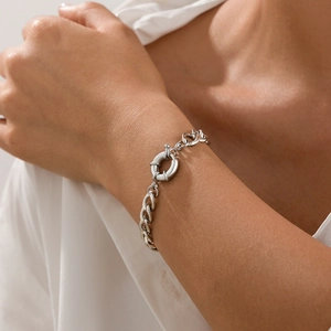 Detailed close-up of polished silver snake chain necklace with round spring clasp