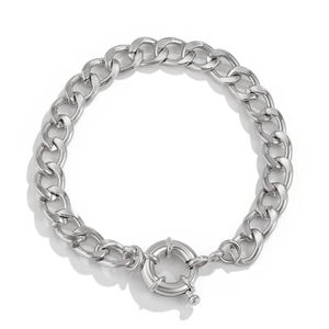 Macro detail of silver Cuban link chain with decorative oversized spring ring clasp