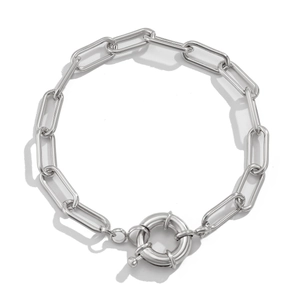 Detail of silver snake bone chain featuring a large circular spring ring clasp design