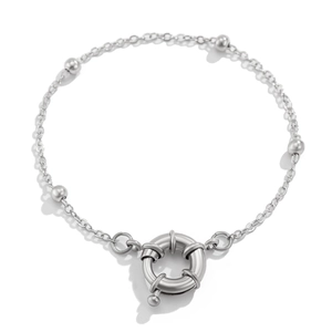 Detail of silver snake chain necklace with a large spring ring clasp and polished beads