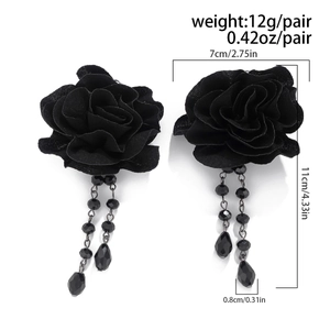 Detailed size specifications of black lace rose drop earrings with tassel beads