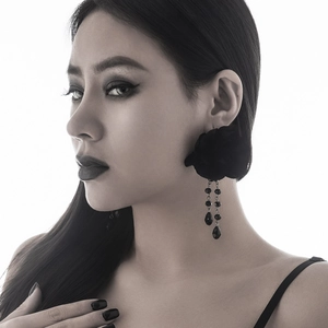 Gothic black lace earrings featuring large fabric flowers and beaded tassel fringes