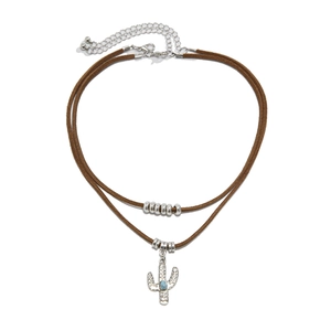Bohemian double-layer choker with brown cord, silver beads and cactus turquoise pendant