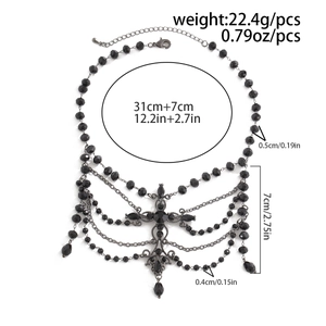 Detailed view of Gothic black beaded necklace with dimensions and cross pendant details