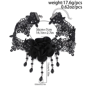 Gothic black lace choker featuring rose flower and beaded tassels with dimensions