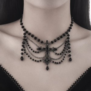 Gothic black beaded choker necklace featuring a cross pendant and multi-layer fringe chains
