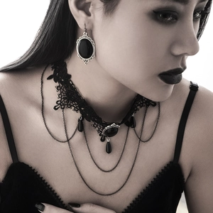 Gothic black lace choker set with dark gemstones and teardrop tassels for women