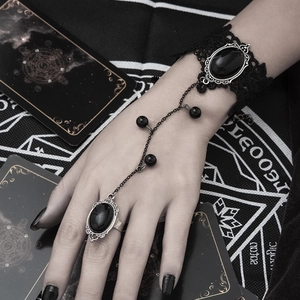 Gothic black lace bracelet ring set with dark gemstone and water drop tassels
