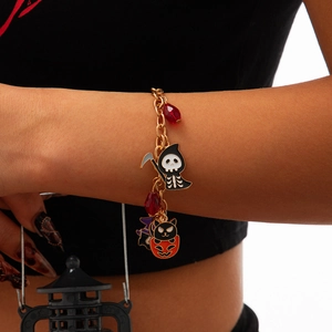 Braccialetto Halloween con Ciondoli Gotico Lega Smalto Zucca Fantasma Pipistrello Scheletro Cappello Strega Gioielli Festa Donna