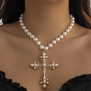 Baroque Faux Artificial Pearl Cross Pendant Necklace Alloy Hollow Rhinestone Choker For Women Wedding Party Jewelry Gold Silver
