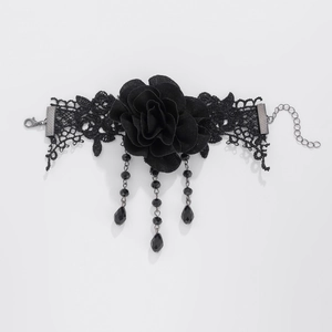 Gothic black lace choker with rose flower and hanging beaded tassel detail