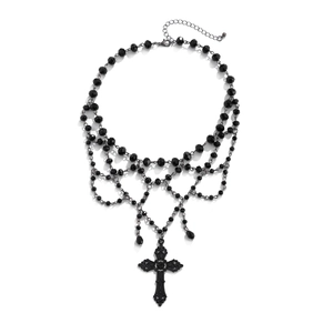 Gothic multilayer black beaded necklace featuring dark punk cross and teardrop pendants