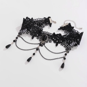 Detail of gothic black lace choker featuring teardrop beads and layered metallic chains