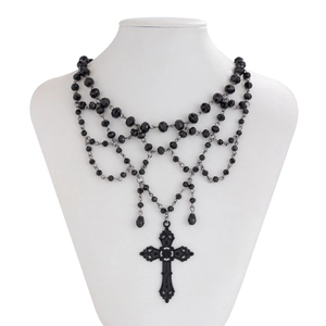 Detailed view of Gothic multi-layer black beaded mesh necklace with cross pendant