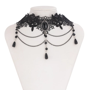 Gothic black lace choker with central faux onyx gem and triple tiered tassel drops