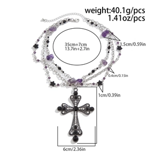 Detailed view of Gothic black cross necklace with purple crystal beads and size dimensions