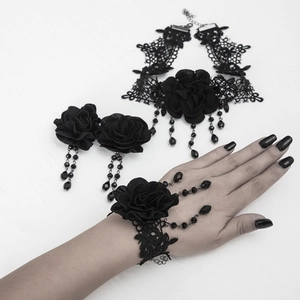 Gothic black lace choker set with rose flowers, ring bracelet and tassel earrings