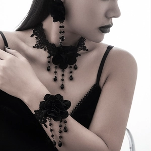 Gothic black lace choker set with velvet roses and beads for Halloween parties