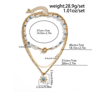 Dreilagiges Boho-Halsketten-Set mit Perlen und Maßen des Sonnenblumen-Anhängers in Gold