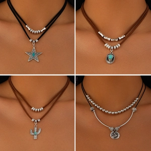 Collana Pendente in Lega Vintage Bohemian Con Turchese Cactus Stella Cuore Doppio Strato Velluto Corda Choker per Donna Gioielli Etnici