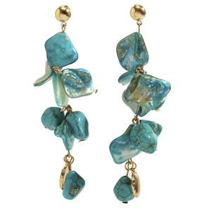 Detail of bohemian tassel earrings with turquoise stones and iridescent blue shell pieces