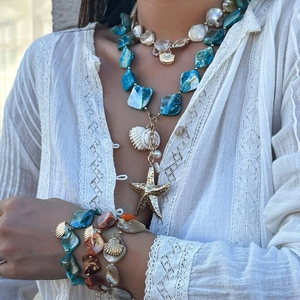 Collana con Pendente a Stella Marina e Conchiglia Stile Boho Perline Irregolari Bracciale di Künstliche Perle Vacanza Estiva Gioielli