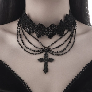 Macro shot of gothic black lace choker with multi-layer chains and cross pendant