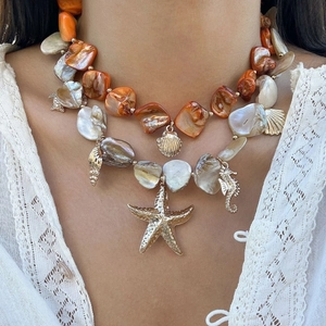 Double layered ocean shell and starfish pendant necklace for bohemian beach vacations