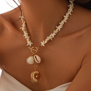 Boho Ozean Thema Seestern Muschel Halskette Gold Vergoldete Legierung Mit Imitationsperle Meerjungfrau Y2K Urlaub Damen Schmuck