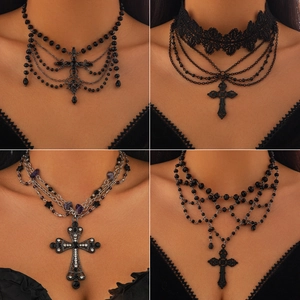 Gothic Cross Beaded Necklace Multi Layer Lace Choker Vintage Punk Dark Style Pendant Necklace Jewelry For Halloween Party Women