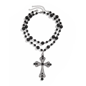 Gothic double layer black beaded necklace featuring a large silver cross pendant with stones