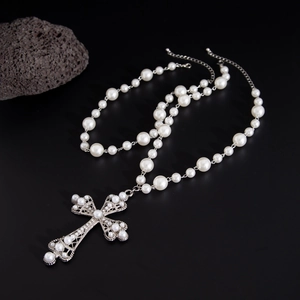 Cyberpunk style layered pearl necklace with oversized silver hollow cross pendant