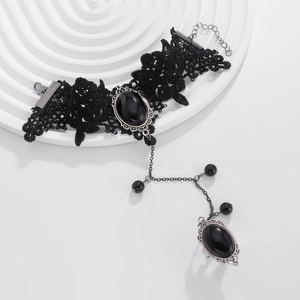 Gothic black lace slave bracelet with oval black gemstone and vintage silver metal frame