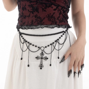 Gothic waist chain with black beads, cross pendant and matching metal finger rings