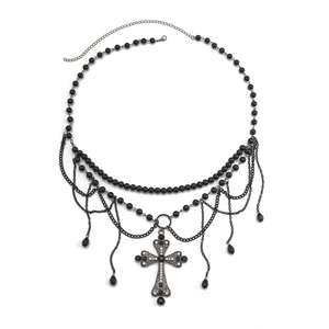 Detail of Gothic layered black beaded necklace with metallic cross and fringe tassels