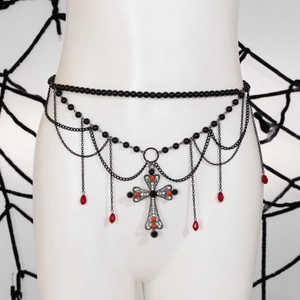 Gothic body chain featuring black beads, multilayer chains, and a crystal cross pendant