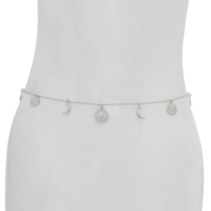 Detailed silver body chain featuring celestial sun and moon charms for a bohemian summer look