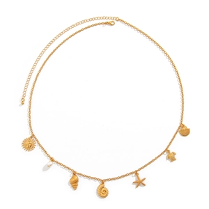 Detailed view of gold chain belt featuring starfish, shells, and faux pearl charms