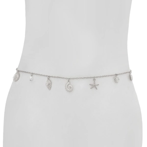 Detailed close-up of silver waist chain featuring sea shell, starfish, and turtle charms