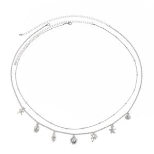Silver layered beach chain with starfish, seashell, sun, and coconut tree charms