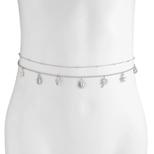 Detail of silver double-layered belly chain with starfish and palm tree charms on mannequin