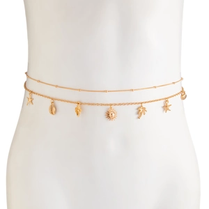 Detailed view of golden double-layer body chain with starfish shell and palm tree charms
